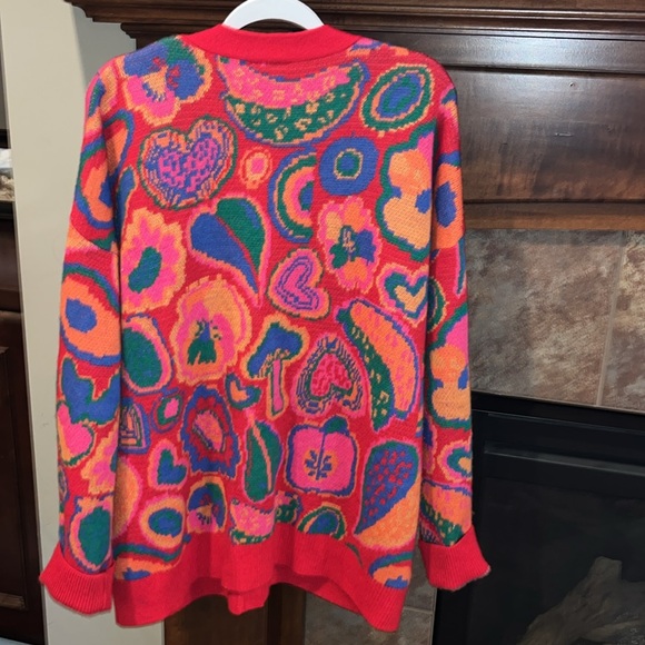 Farm Rio Lisa red cardigan sweater hearts fruit colorful bright oversized L - Picture 10 of 15